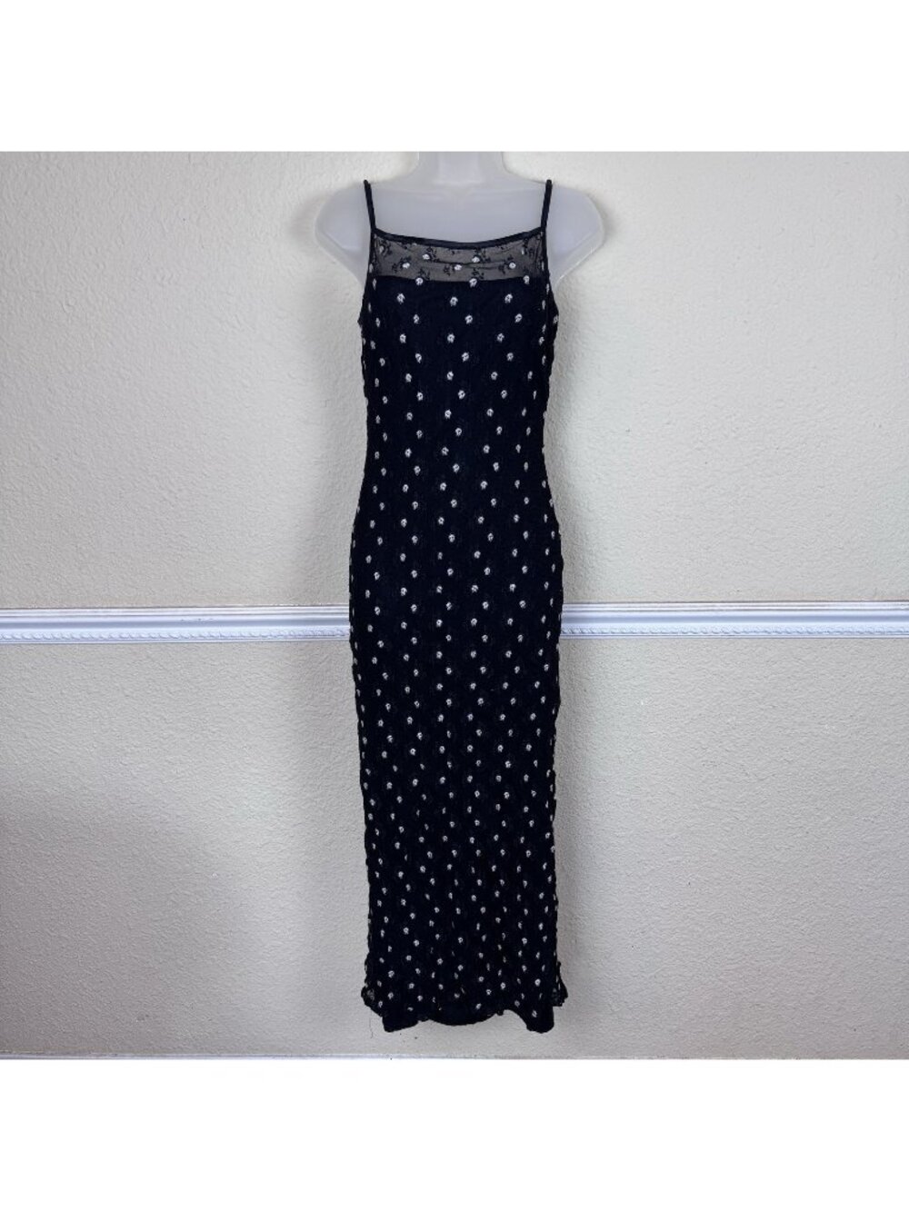 Vintage 90s Y2K Floral Black Mesh Maxi Slip Dress Whimsigoth Fairycore Small